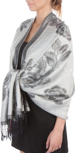 Sakkas Two Tone Rose sciarpa Pashmina/Stole/Wrap - Bianco Nero