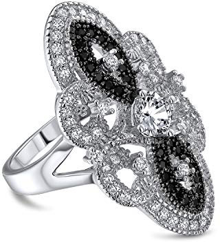 Art Deco Stil Schwarz Weiß CZ Filigran Breite Mode Statement Rüstung Vollfingerring Für Frauen Versilbertes Messing