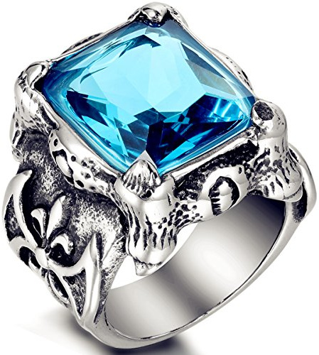 Flongo Gross Edelstahl Glas Ring Silber Schwarz Blau Drachen Klaue Ritter Knight Fleur De Lis Retro Gotik Herren