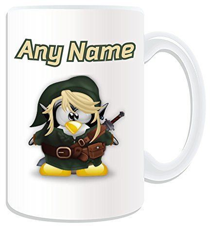 Personalised Gift - LARGE Link Mug (Penguin Video Game Character Costume Design White) Name Message Unique Silly Funny Novelty Superhero Hero Super Computer RPG Legend Zelda Weapon Sword Arrow Hyrule