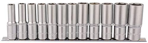 Draper 16403 1/2-Inch Square Drive Metric Deep Sockets 12 Piece Set on Metal Rail , Blue