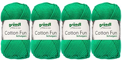 Gründl 4x50 Gramm Cotton Fun Woll Set SB Pack inkl. Anleitung für EIN Einkaufsnetz, Einkaufstasche mit Häkelnadel (26 Smaragd)