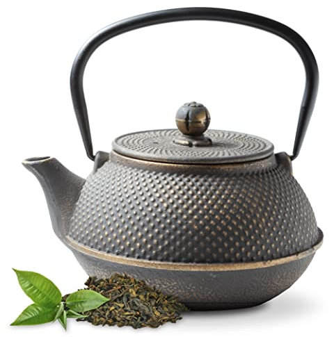 Tealøv Arare THEIERE EN FONTE 800 ML | Théière en Fonte avec Infuseur | Entièrement émaillée de l'intérieur | Prépare Une Tasse de Thé Parfaite | Design Authentique Japonais à Picots | Arare Noir/Or