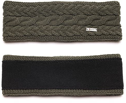 irisaa Damen Stirnband Winter, made in EU, warmes gestricktes Haarband Mädchen Ohrwärmer mit Zopfmuster, gefüttertes Kopfband mit Fleece Innenfutter, stirnband farbe:Oliver Grün