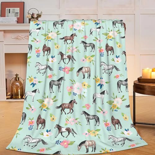 Horse Throw Blanket Super Soft Warm Floral Horse Blanket for Girls Kids, Cozy Plush Fleece Farm Stuffed Animal Horse Gifts Bedding Blanket for Women Bed Couch Sofa 40x50