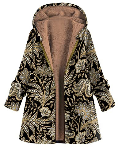 Lalaluka Veste d'hiver pour femme - Avec capuche imprimée - En peluche - Veste polaire - Manteau d'hiver - Veste en duvet - Parka, jaune, XL