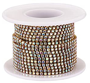 PandaHall Chaîne de coupe en laiton avec strass AB de 9,1 m de long et 2 mm de diamètre avec base dorée pour fournitures de mariage, bricolage, couture, fabrication de bijoux