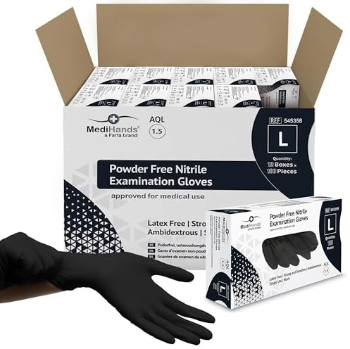 Farla Medical MediHands Nitrile Gloves - Disposable Black Gloves - Powder Free & Latex Free Nitrile Gloves Large - Multi-Purpose, Single Use - Box of 1000