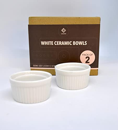 Cuencos de cerámica blancos (paquete de 2) – Pequeños 5 cm x 3 cm para salsas de postre, helados, ensalada, aperitivos de frutas, perfectos para tabla de queso Lukata
