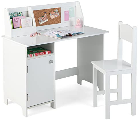 COSTWAY Kids Desk and Chair Set, Wooden Children Study Table with Storage Cabinet, Cork Board, School Students Workstation for Studying, Reading and Drawing