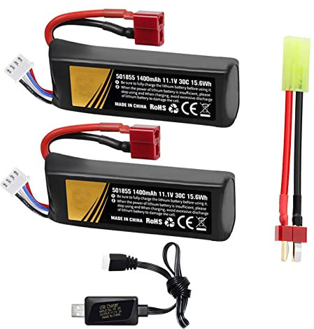 Batterie Airsoft 11.1V 3s 30C 1400mAh Batterie LiPo Rechargeable avec Prise en T vers connecteur de câble Mini Tamiya Chargeur USB pour Pistolets modèles Airsoft Batteries Gel Accessoires 2 PCS