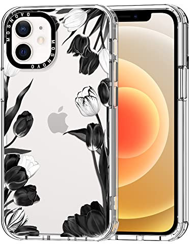MOSNOVO für iPhone 12 Mini Hülle – Durchsichtige, schlanke, stoßfeste TPU+PC-Handyhülle, [6,6 Fuß Fallschutz/Anti-Abziehen] - Schwarz-weiße Tulpen