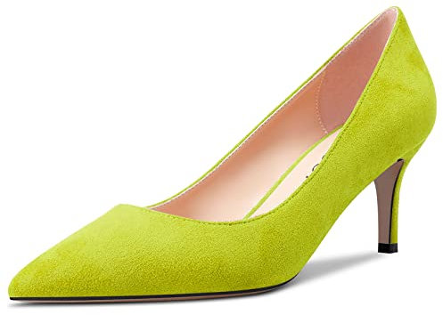 Aachcol Women Slip-on Pumps Court Shoe Pointed Toe Stiletto Low Kitten Heel Dress Shoes Suede Wedding Shopping Lime Green 6.5 CM 6 UK