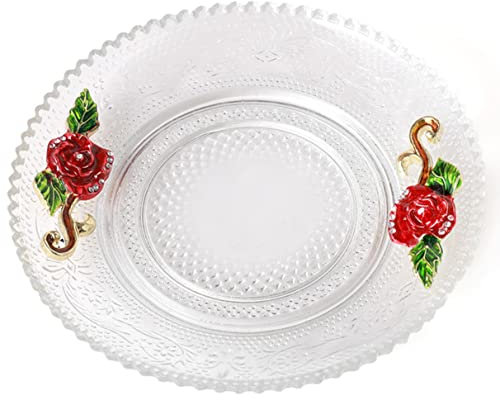 KKGUD 6 Inch Glass Dessert Plate, Glass Round Saucer- Enamel Rose Design (Red Rose)