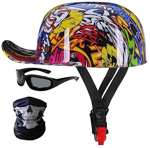 Halbschalenhelm Motorradhelm ECE-Zulassung Baseball Cap | Mit Fahrradbrille Fahrradvisier Cruiser Chopper Scooter Helm Herren Retro Motorrad Halbhelm MäNner Frauen Mofa Helm 57-62cm