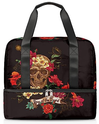 Day of The Dead Reisetasche 21L Floral Skull Weekend Tasche mit Trolley Sleeve Wet Separated Sports Tote Gym Travel Bag for Men Frauen Weekender Bag, multi, 21L, Reisetasche