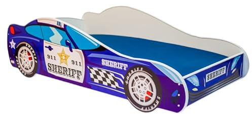 KOBI Kinderbett mit Rausfallschutz Auto | Sheriff Polizei | 140 x 70 cm | Jugendbett mit Matratze | Kinderbetten Jungen Mädchen | Einzelbett Kinder Bett Autobett