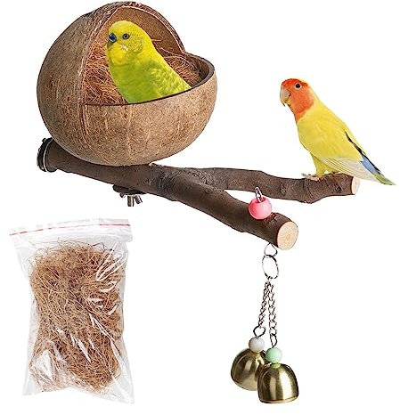 Shenrongtong Vogelkäfignest - Vogelnesthaus, Hüttenkäfig aus Kokosnussschale,Nesthaus-Hüttenkäfig, Sittich-Nistkasten mit zerkleinerter Kokosnuss, Wellensittich, Liebesvögel, Finkenhaus