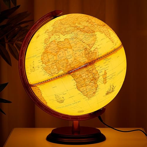 Amylove Globe du monde lumineux de 33 cm avec support rotatif à 720°/360°, réinscriptible pour enfants, carte du monde pour apprentissage interactif, lampe de base, décoration LED (vintage)