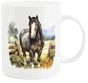 Purely Home Shire Horse Farm Mug - Painted Watercolour Field Scene Gift Present - Tea Coffee White Bone China Mug