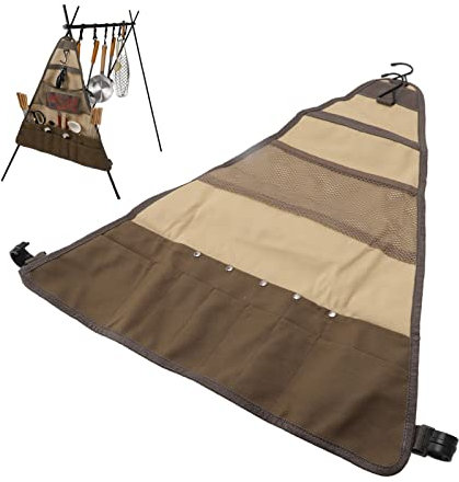 MINGZHE Hanging Camp Utensil Organizer, Picnic Cutlery Canvas Storage Bag Picnic Cutlery Canvas Storage Bag Portable Outdoor Barbecue Cookware Cutlery Canvas Carying Bag Large Khaki