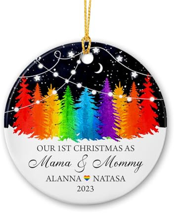 Christbaumschmuck Keramik Weihnachtsanhänger Anhänger Weihnachtsbaumschmuck Hängende Ornamente Weihnachtsdeko Regenbogen LGBT, Unser Erstes Als Mama & Mama, Personalisierte Namen Wählen, Paar,