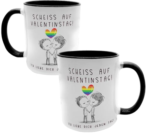 Kilala Pride Kaffeetasse für Schwule Paare - 'Scheiss auf Valentinstag - ich liebe dich jeden Tag' Spruch, Geschenk, Gays, 330ml Keramik (Gay)