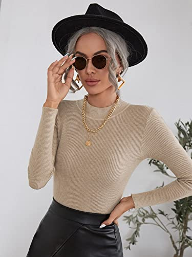 ZOMTOON Women's Sweater Mock Neck Ribbed Knit Sweater Sweater for Women (Color : Coffee Brown, Size : 3X-Large)