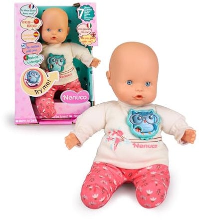 Nenuco - Interaktive Babypuppe, 7 Sprachen, mit Eulenmechanismus zum Wechseln der Sprache, kann 35 Verschiedene Sätze aussprechen, Mädchen und Jungen ab 3 Jahren, Famosa (NFN78000)