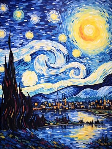 Van Gogh Malen Nach Zahlen Erwachsene, sternenklarer Himmel Malen Nach Zahlen Klein 20x30cm, DIY Handgemalt Ölgemälde für Anfänger Bastelset Erwachsene, Acrylfarben Set Wand Deko Bilder Ohne Rahmen