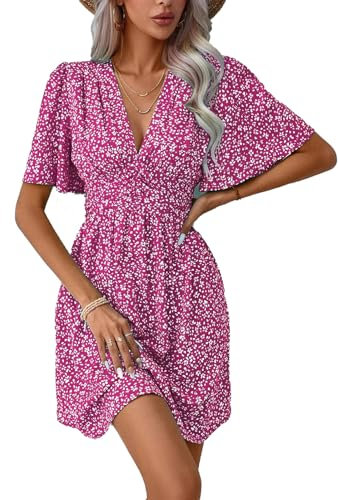 LIAMERHE Robe Femme Manches Courtes Col V Elegant Robes Ete Robe de Plage D'été 2024 A-Line Casual Robe à Fleurs Rose L