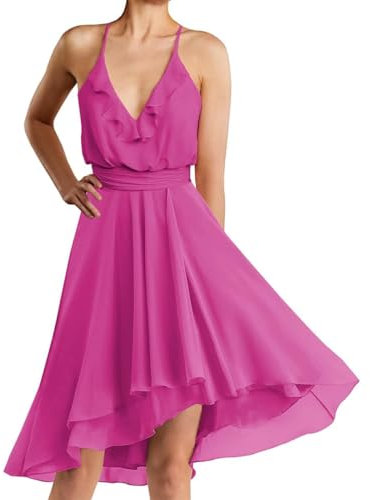 WSEYU Vestidos cortos de dama de honor para invitados de boda, vestidos de gasa para noche, fiesta formal, vestido largo por debajo de la rodilla, fucsia, 36