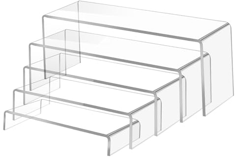 Worown 5-Tier Acrylic Tabletop Display Riser Shelf, Clear Rectangular Display Stand, 4mm Thick Acrylic Risers for Party Dessert, Cupcake, Funko POP Figure Toys, Jewelry (26, 24, 22, 20, 18 cm)