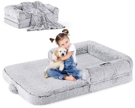 ZOMISIA Menschliches Hundebett für Kinder, 2-in-1 faltbares XL-Bett für Menschen, passend für Haustierfamilien, orthopädisches, beruhigendes Memory-Schaum-Hundesofa, Kunstfell-Haustierbett mit Decke