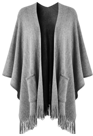 Ferand Damen Poncho mit Offener Vorderseite und Taschen, Weiche Strick Cape mit Fransen für Herbst Winter,Grau