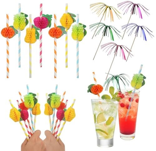 FINEASY 150Pcs Cocktail Decorations - Reusable Accessories, 3D Fruit Straws, Sparkler Sticks, Cocktail Sticks, Fruit Labels for Party Decorations