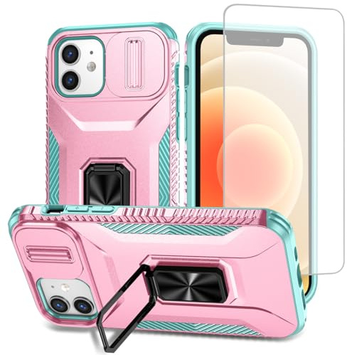 Vavies Coque pour iPhone 12/pour iPhone 12 Pro avec Protection d'écran en Verre trempé, Cache Caméra Coulissant et Anneau Magnétique pour Support Voiture Étui pour iPhone 12 PC Rose