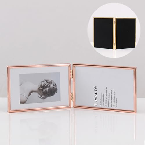 A4 2 Photos Poster Frame Horizontal, Metal Rose Gold Double Folding Photo Frame Tabletop Display Bedroom Gallery Decor Glass 8.3x11.7 Large Frame