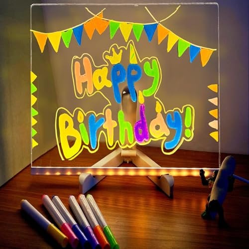 YOUYIKE LED Note Board with Colors, Nachrichtentafel mit LED-Leuchten, beleuchtete Acryl-Tafel mit Ständer und 7 Farbstiften, Weihnachten, Geburtstag, Muttertag, DIY-Geschenk (150 x 150 x 3 mm)