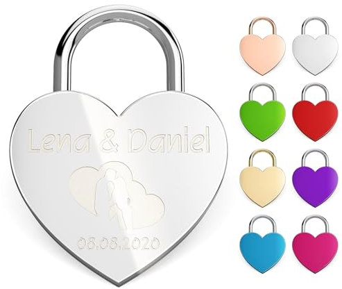 Cerradura de corazón con grabado – Candado de amor personalizado en plata – Personalizado con nombre, fecha y motivo – Regalo romántico para bodas, San Valentín y parejas