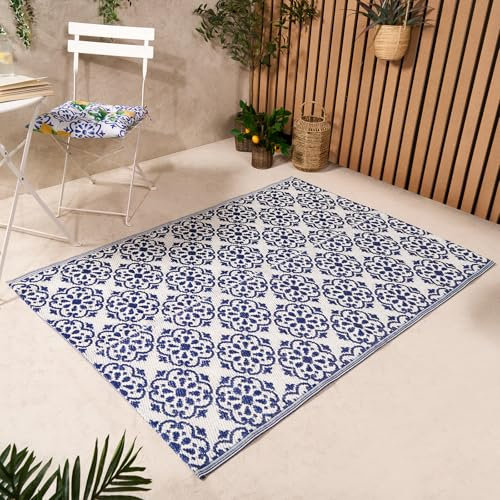 OHS Blue Outdoor Rug For Garden Tile Print, Waterproof Foldable Patio Rug Reversible Decking Outdoor Carpet Non-Slip Area Rug For Balcony or Poolside, 80x150cm