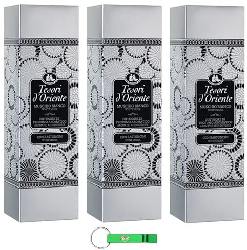 3X Tesori D´Oriente, Weißer Moschus Diffusor für Stäbchen,Raumduft Diffusor mit Stäbchen 200ml + Beni Culinari Kostenloser Schlüsselanhänger