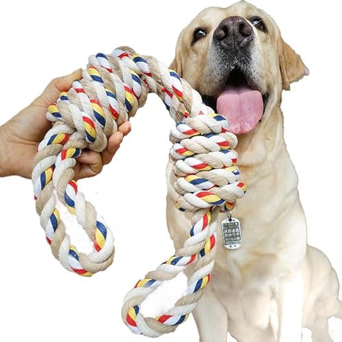 MERSJO Jouet pour chien - Corde avec passants - 60 cm - Corde en coton XXL - Jouet à rapporter et à tirer pour grands chiens - Nettoyage des dents et entraînement mental - Robuste et durable