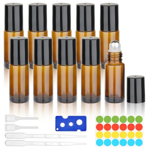 Moosono Roll on Flasche Leer 5ml, 10 Stück Glasflaschen für Ätherisches Öle, Rollon Flaschen mit Öffner, Tropfer, Augentropfer, Aufkleber für Parfüm, Aromatherapie, Massage (Braun)
