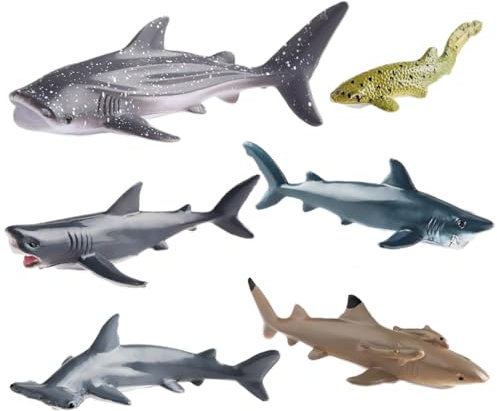AENIMELY Set di 6 statuette di squalo - Figurità realistica di animali oceanici con megalodonte, testa di martello, squalo balena, squalo leopardo - Giocattoli marini per bambini