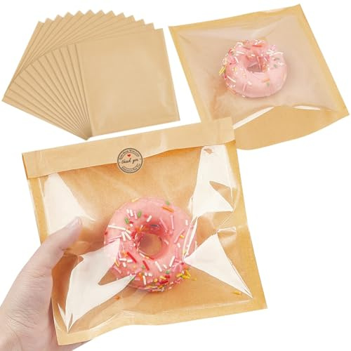 100 Stück Lebensmitteltüten with Window, 18 x 19 cm Sandwich Bags, Kraft Paper Small Bread Bags,Fettdicht Speisetüten,Snack-Tüten für Burger und Pommes, To-Go Food Packaging, With Sticker