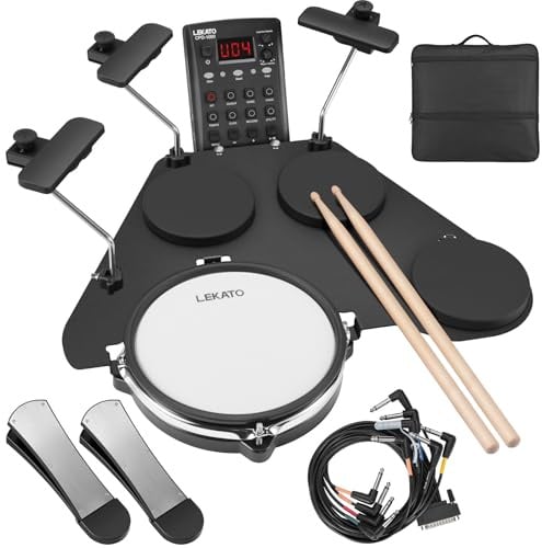 LEKATO CPD-1000 - Batería electrónica con almohadillas de malla silenciosas, juego de batería eléctrica portátil, más de 220 sonidos, USB MIDI, 2 interruptores de pie robustos, palos, bolsa de viaje