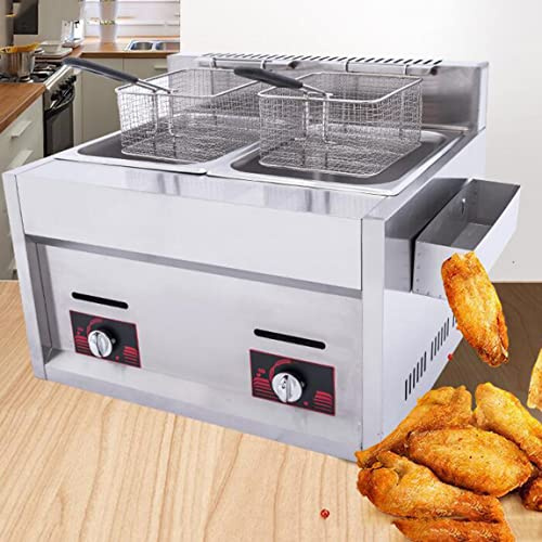 WOTZOV Gasfritteuse Gewerbefritteuse Edelstahlfritteuse, 10L/20L Gasfritteuse, mit Frittierkorb und Deckel, für Restaurant Zuhause für Brathähnchen und Pommes, Doppelzylinder，Doublecylinder