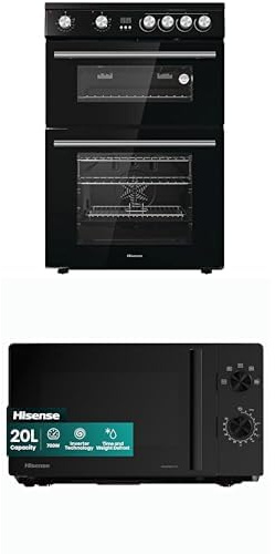 Bundle of Hisense HDE3211BBUK 60cm Electric Cooker with Ceramic Hob-Black + Hisense 700 Watts 20 Litre Inverter Microwave Oven H20MOBP1HIUK Black, Automatic Defrost, H24.1 x W43.4 x D32.9 cm