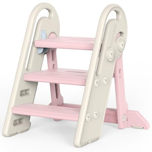 Onasti Tritthocker Kinder, Höhenverstellbar 3 Stufen Hocker Kinder, Trittschemel für Baby mit Handhaben, Klappbar, Anti-Kipp und Anti-Rutsch, für Küche, Badezimmer, Waschbecken und Toilette (Rosa)